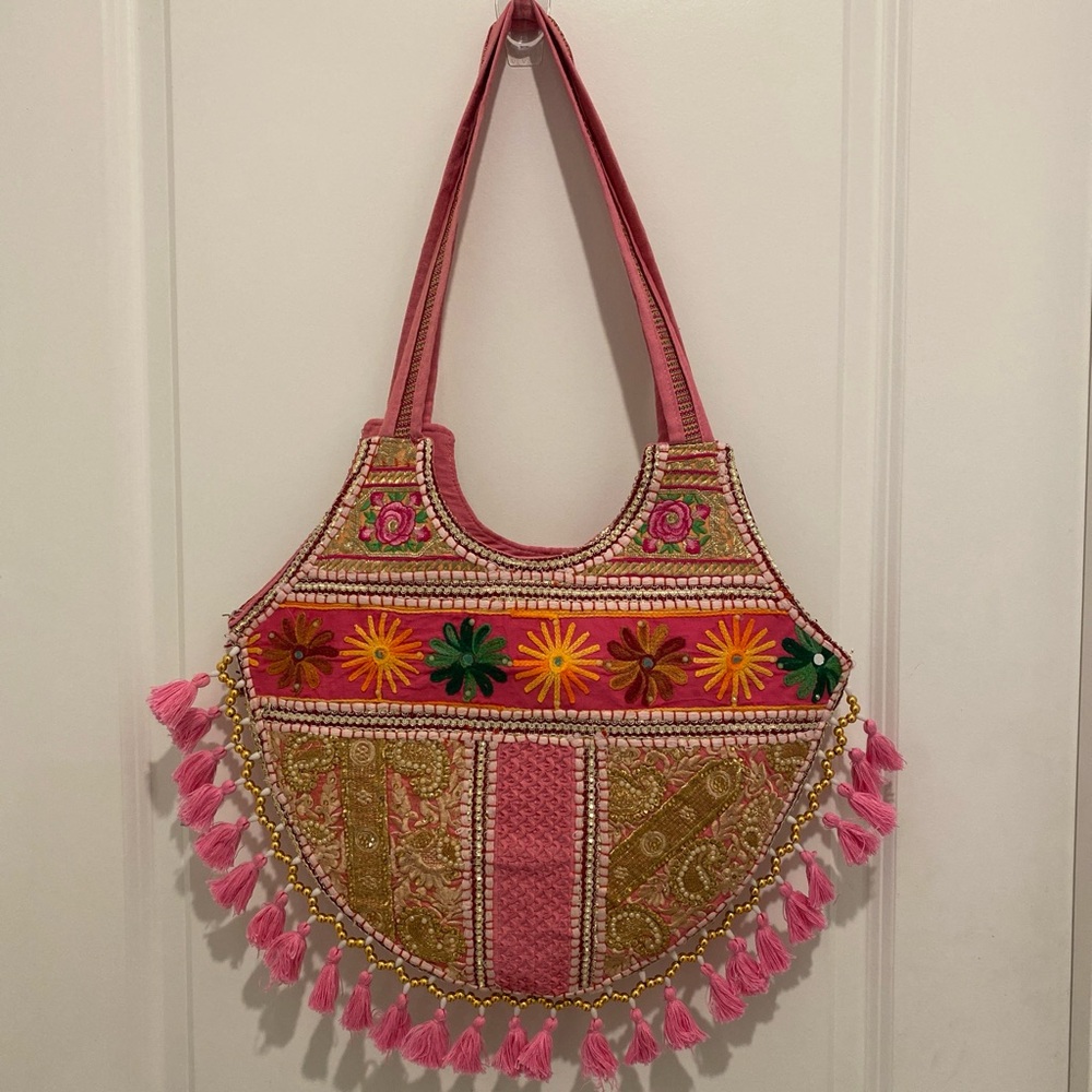 Embroidered Pink Boho Tassel Shoulder Bag